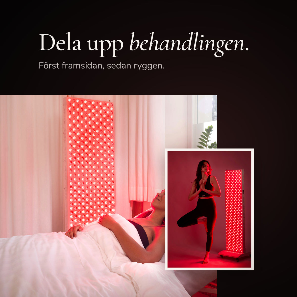 A woman rests in bed beside the illuminated The Red Kangaroo, and a smaller image shows a woman doing yoga in front of the panel. Divide the treatment between the front and back.