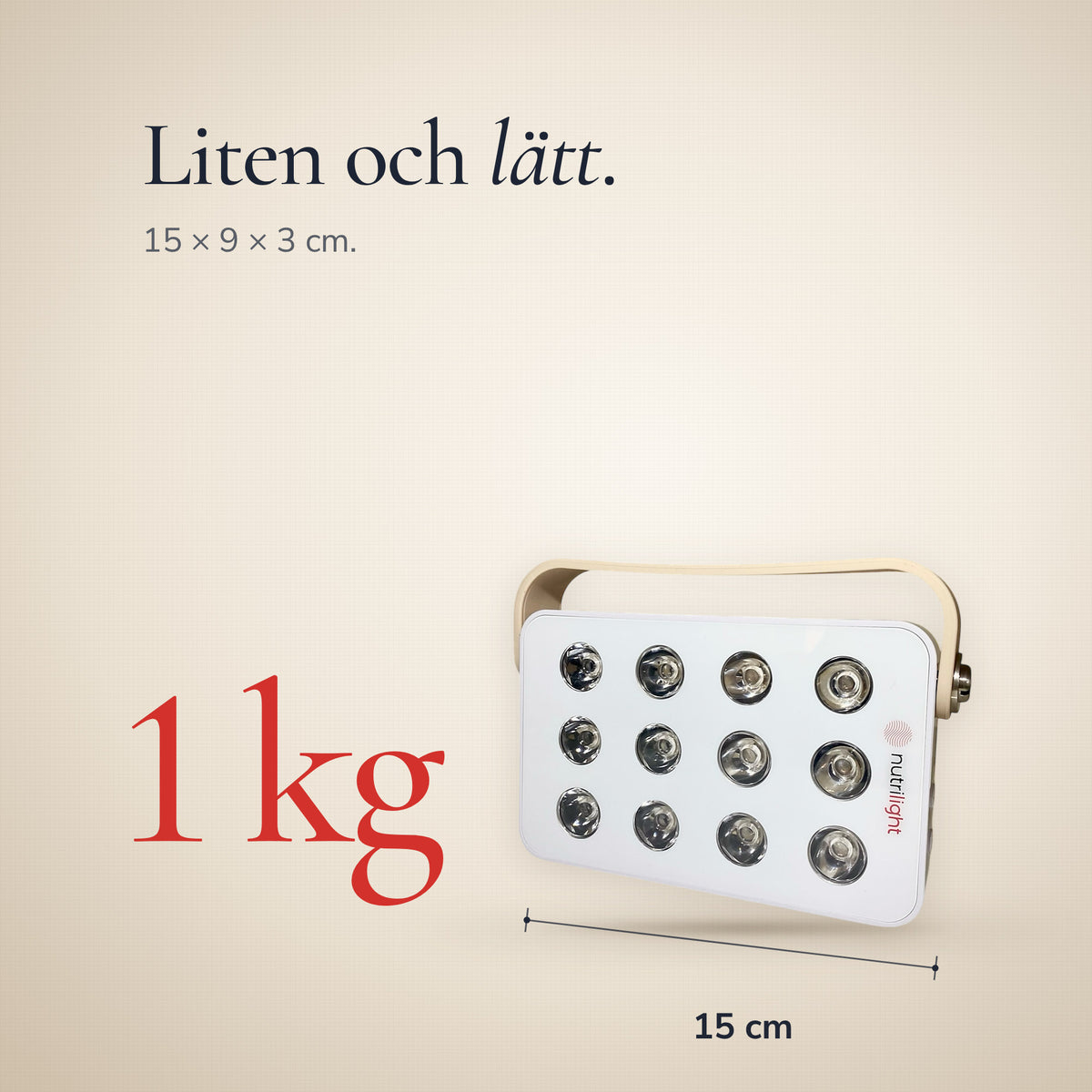 Robin Gen 2 med måttlinje: 15 × 9 × 3 cm och 1 kg.