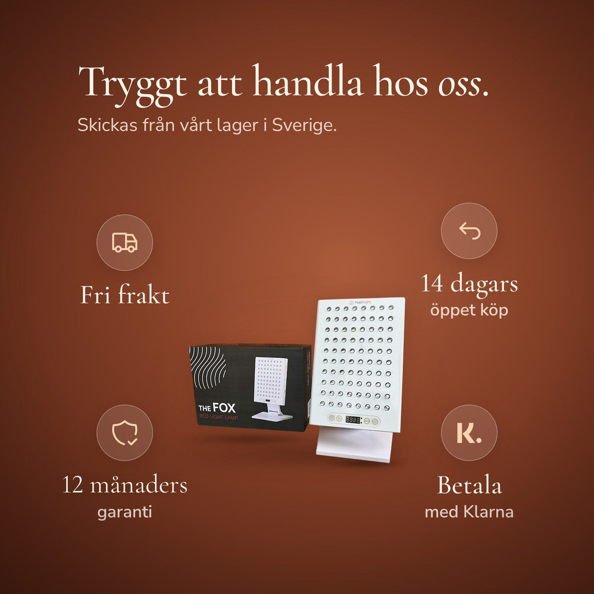Ræven ved siden af sin emballage, omgivet af fire løfter: fri fragt, 14 dages returret, 12 måneders garanti og betal med Klarna. Sendes fra vores lager i Sverige.