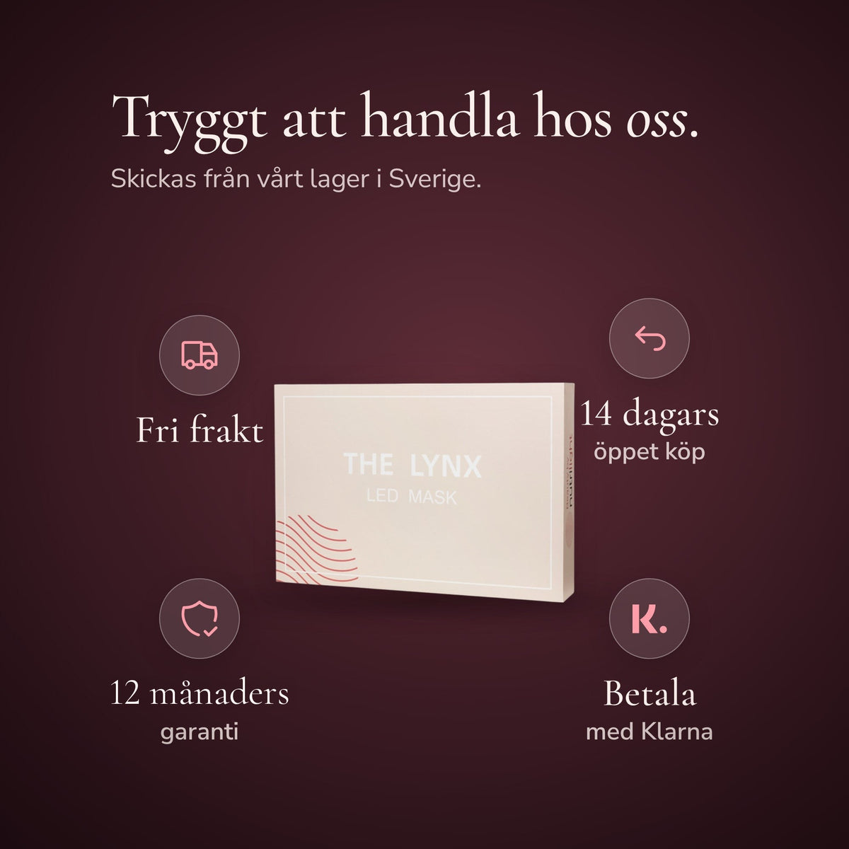 The Lynx förpackning omgiven av fyra löften: fri frakt, 14 dagars öppet köp, 12 månaders garanti och betala med Klarna. Skickas från vårt lager i Sverige.