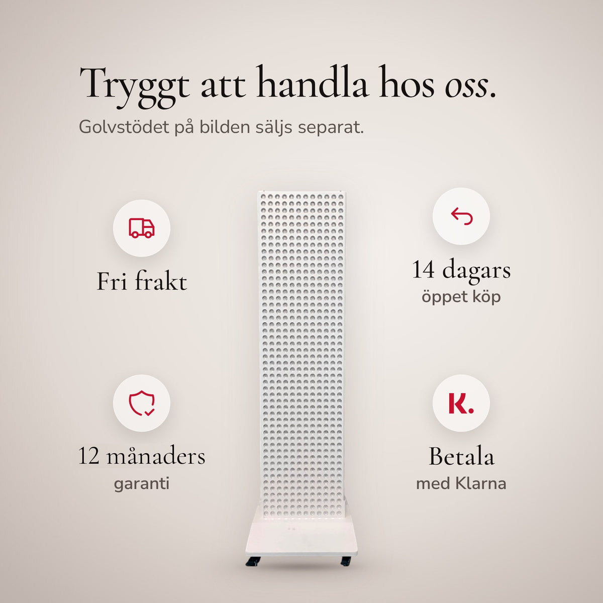 The Red Kangaroo comes with four promises: free shipping, a 14-day return policy, a 12-month warranty, and payment with Klarna. The floor stand shown in the image is sold separately.