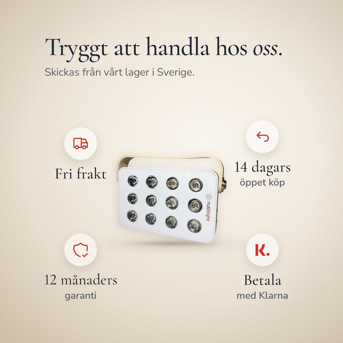 The Robin Gen 2 omgivet af fire løfter: fri fragt, 14 dages returret, 12 måneders garanti og betaling med Klarna. Sendes fra vores lager i Sverige.